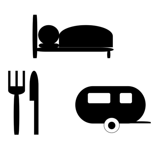Logos of fork and knife, person sleeping, and camper