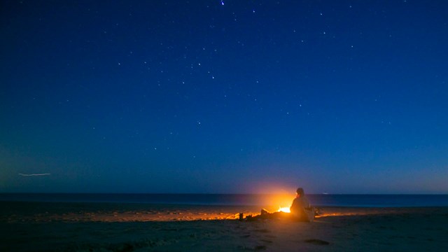 Silhouette of a person sitting in front of a campfire on a beach, against a blue-purple twilight sky