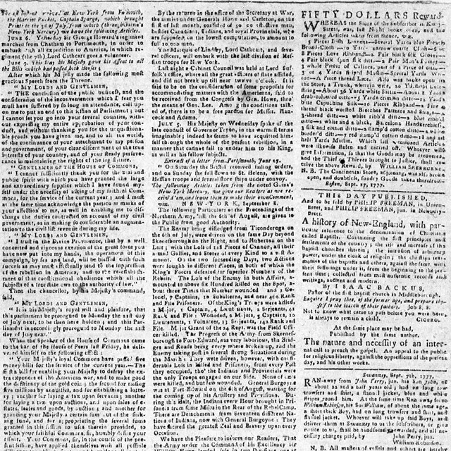 Black and white scan of an 18th century newspaper ad. 