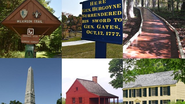 A collage of 6 photos: A kiosk, a sign, a trail, the monument, a red house and yellow house.