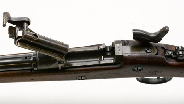 Right side view of trapdoor rifle.