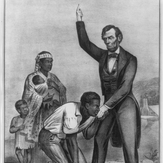 A drawing of Abraham Lincoln and an African American family, with the father holding his hand.