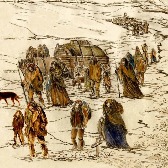 A color illustration of Native Americans in a long line clothed in coats and shawls.