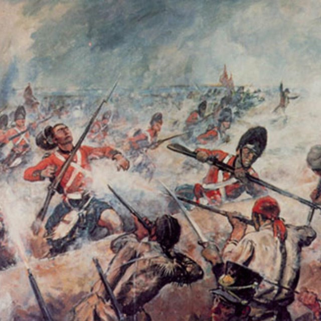 Many Black men fighting with muskets in either tattered brown clothes or red military coats.