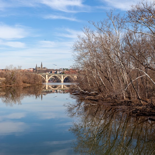 A blue sky, clouds, and trees are reflected in the Potomac River. To the right is Theodore Roosevelt
