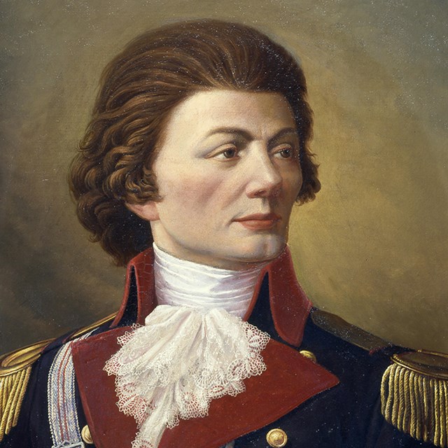Color portrait of Thaddeus Kosciuszko, showing a man with wavy hair dressed in military uniform.