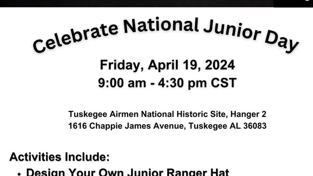 A flyer reads "Celebrate National Junior Day" and a wooden airplane graphic.