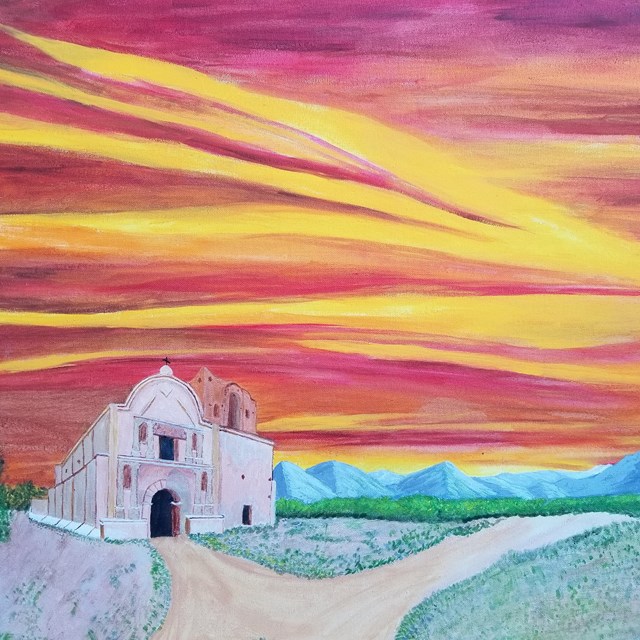acrylic painting of church with sunset