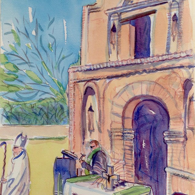 watercolor painting with priests in front of church