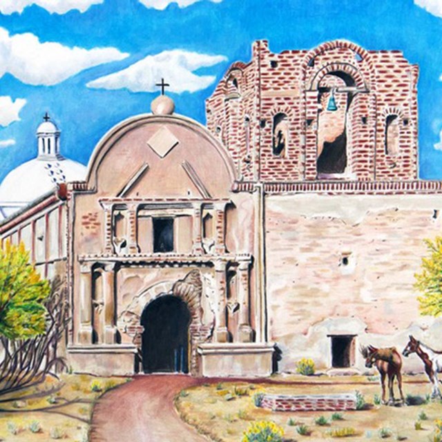 colored pencil drawing of church with horses in front