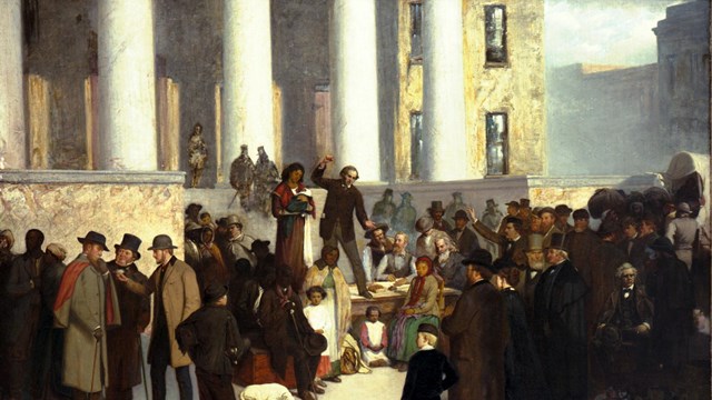 Paiting of a large group of people gathered around a courthouse during a slave auction in St. Louis.