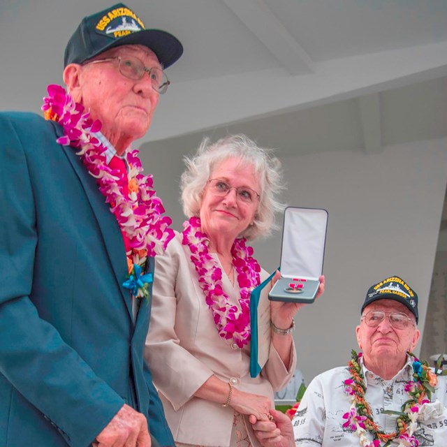 USS Arizona Survivors Don Stratton and Lauren Bruner join Joe George's daughter, Joe Ann Taylor.