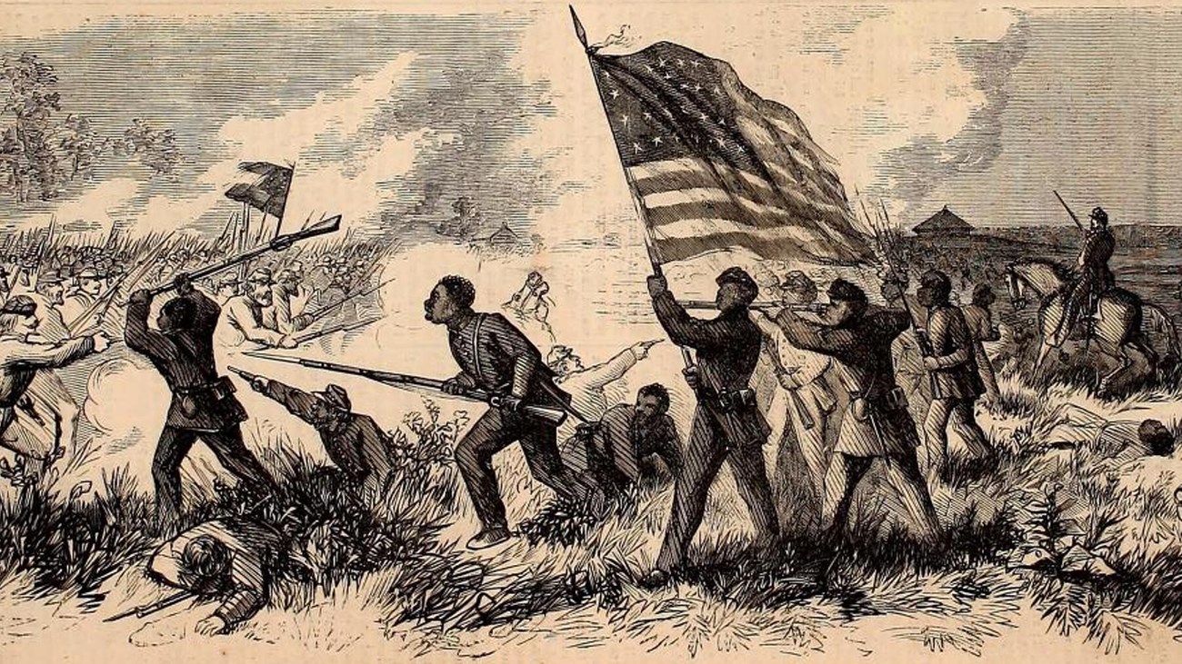 Black and white sketch of African American soldiers fighting and holding the American flag.