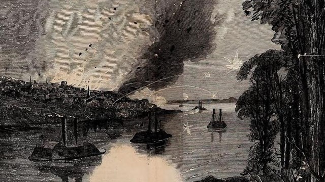 A black and white sketch of the ironclad boats passing under the Confederate cannons at Vicksburg.