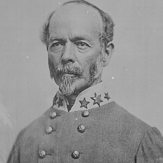 A black and white image of Joseph Johnston in Confederate generals uniform.