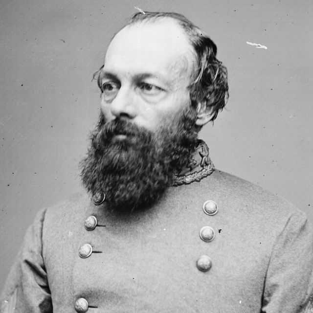 A black and white image of Edmund Smith in Confederate generals uniform.