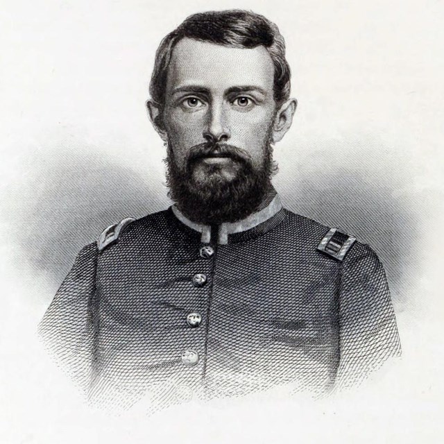 A black and white etching of Joseph Anderson in uniform.