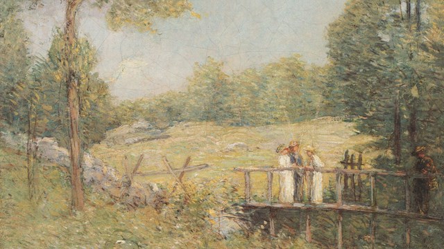 A painting of a group of people standing on a bridge by a wetland.