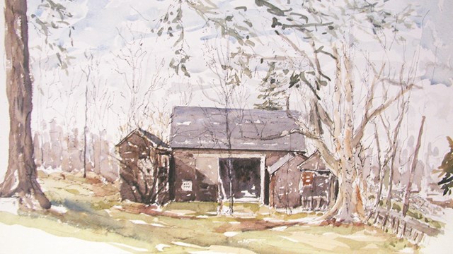 A painting of brown barn.
