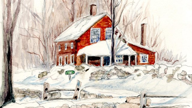 A painting of a red house in the winter covered in snow.