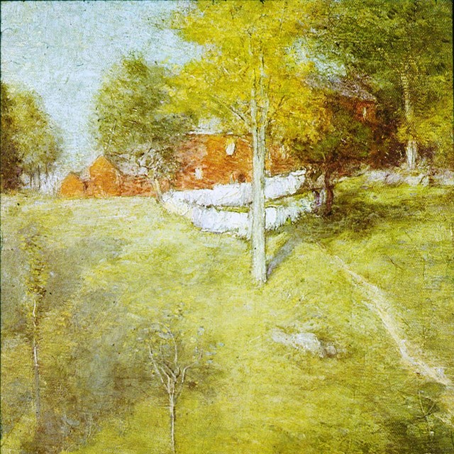 An oil painting of a grassy slope with laundry drying in front of a red house.