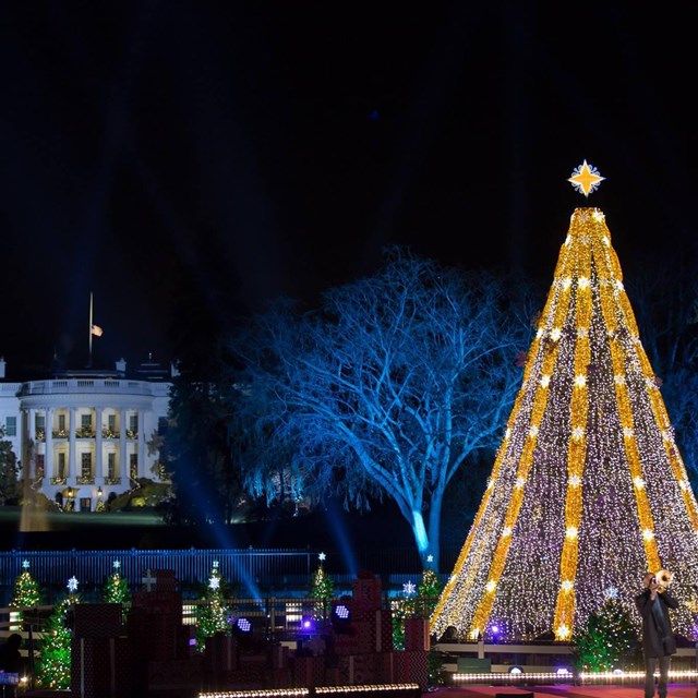 Trombone Shorty performs with National Christmas Tree and White House in background