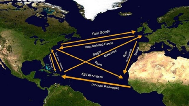 Map of North America and Africa with arrows indicating exchange of goods and people. 