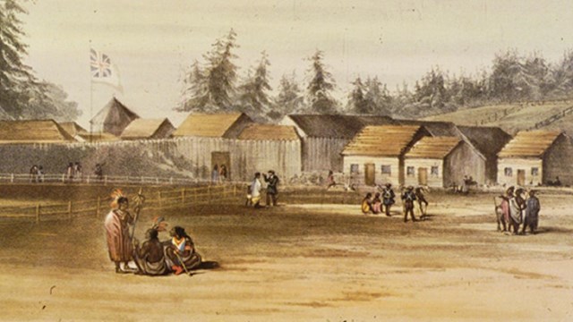 Painting of Fort Vancouver with people walking around the village, NPS photo. 