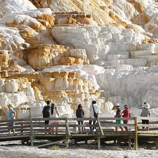 Visitors on a boardwalk gaze out at orange and white colored travertine terraces.