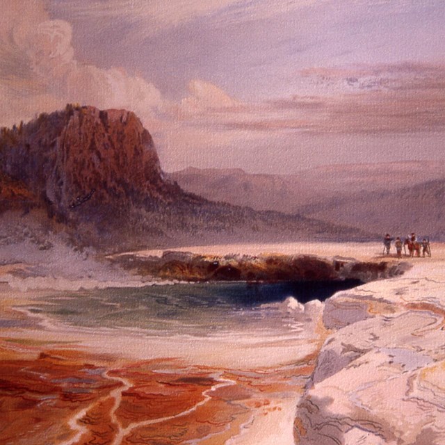 Historic Moran water color of hot springs with group standing in distance