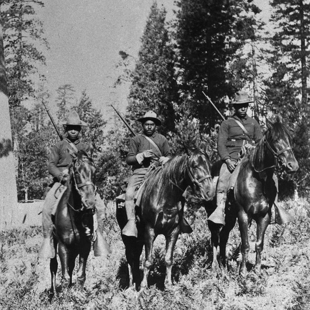 Five African-American mounted infantrymen posing on horseback in a forest