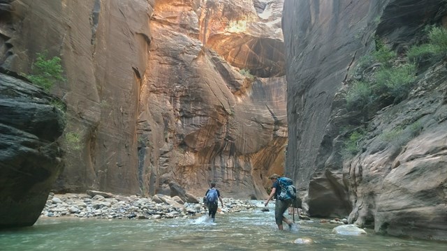 Two hikers walk in a river between towering walls.
