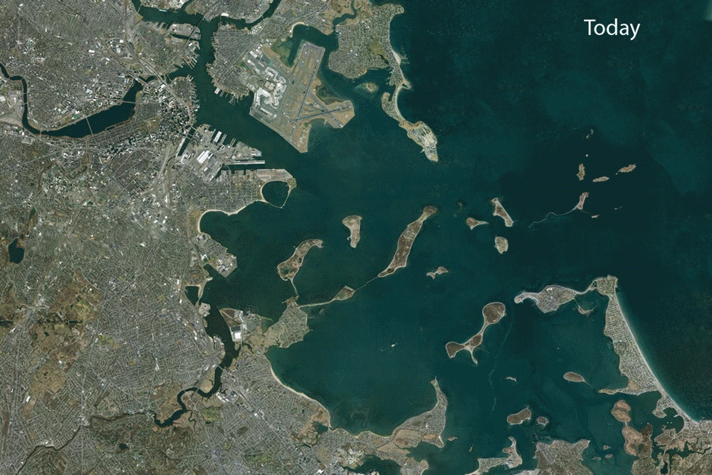 Satellite view of Boston Harbor from the outer islands to the coastline.