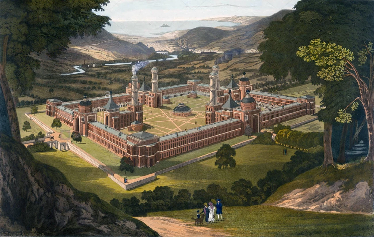 Family on a hillside overlooks a walled in town with all brick buildings and lots of towers