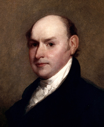 Portrait of John Quincy Adams, bald in black coat and white frilly shirt