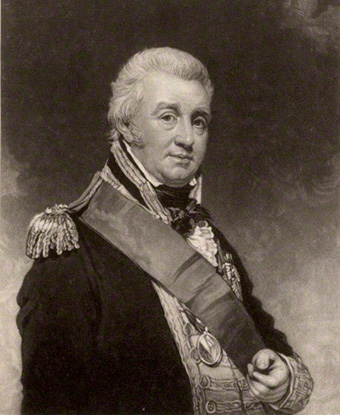 Black and white image of painting of Alexander Cochrane, wearing sash and military coat