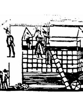 Drawing of people including a woman hanging from a gallows
