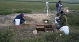 Start of excavations. From left: Aluki Brower, Josh Keene (standing), Sergei Slobodin (kneeling)