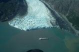 Aerial view of cruise ship at Margerie Glacier