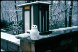 A small snowman keeps watch on the front porch of the Nature Center.