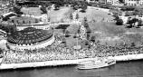 Arial view of summer crowds at Aquarium.