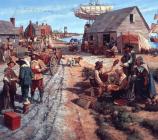 A scene of a busy street in Jamestown, circa 1650 (Keith Rocco, artist).