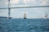 Friendship of Salem leading the Tall Ships Rhode Island 2007 Parade of Sail under the Claiborne Pell Bridge in Newport, RI