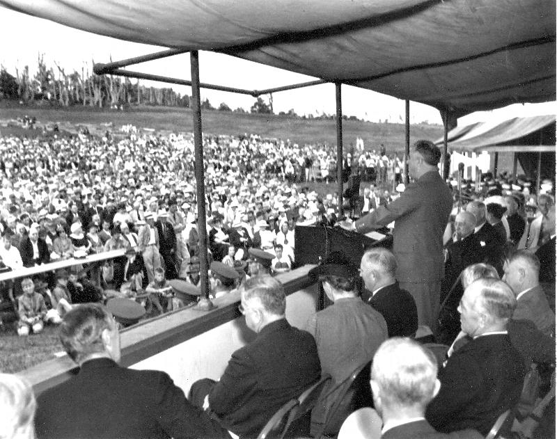 President Franklin D. Roosevelt speaking at the dedication of Shenandoah National Park, July 1936.