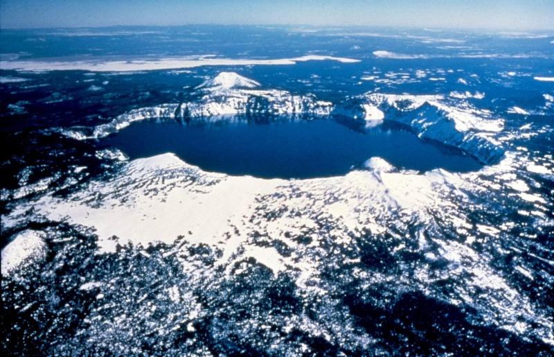 Aerial View of Crater Lake in Winter