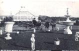 The conservatory was an elaborate greenhouse structure built to house Sutro's collection of climate-sensitive tropical plants. Centrally located on an elevated mound east of the terminus of Palm Avenue, the structure was cruciform in plan, with a central ventilation tower. Built entirely of small glass panels mounted in wood frames, this ornate garden structure was supported by internal wood framing. The interior, which held a lush variety of palms, ferns, tropical flowers, and statuary, provided visitors with an impressive botanical display.