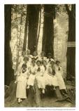 “2nd row, far right, Constance Baird” Women on stump at Muir Woods, 1915.