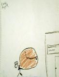 Drawing of person carrying big bag of supplies from general store.