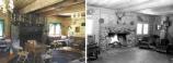 Side by side photos of the Drakesbad Lodge Lobby in 1939 and 2002