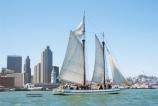 San Francisco Maritime National Historical Park scow schooner ALMA under sail on San Francisco Bay.